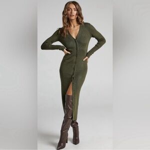 Showpo Leahanna Button Front Knit Midi Dress Color Olive Size US 10